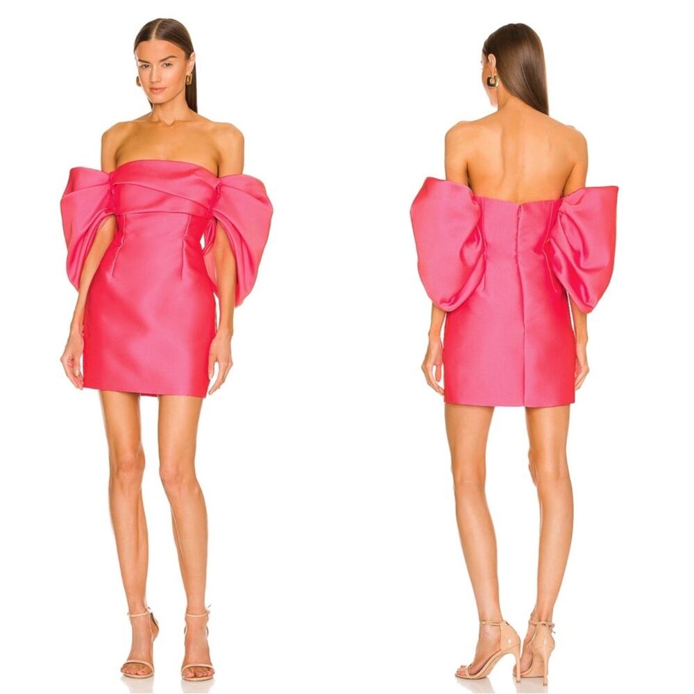 SOLACE LONDON Elina Off the Shoulder Puff Sleeve Mini Dress in Ultra Pink Sz 4
